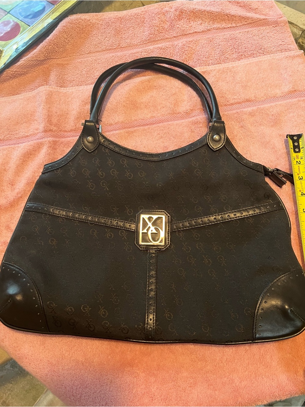 XOXO Black Monogram Shoulder Bag with Silver Logo Plaque